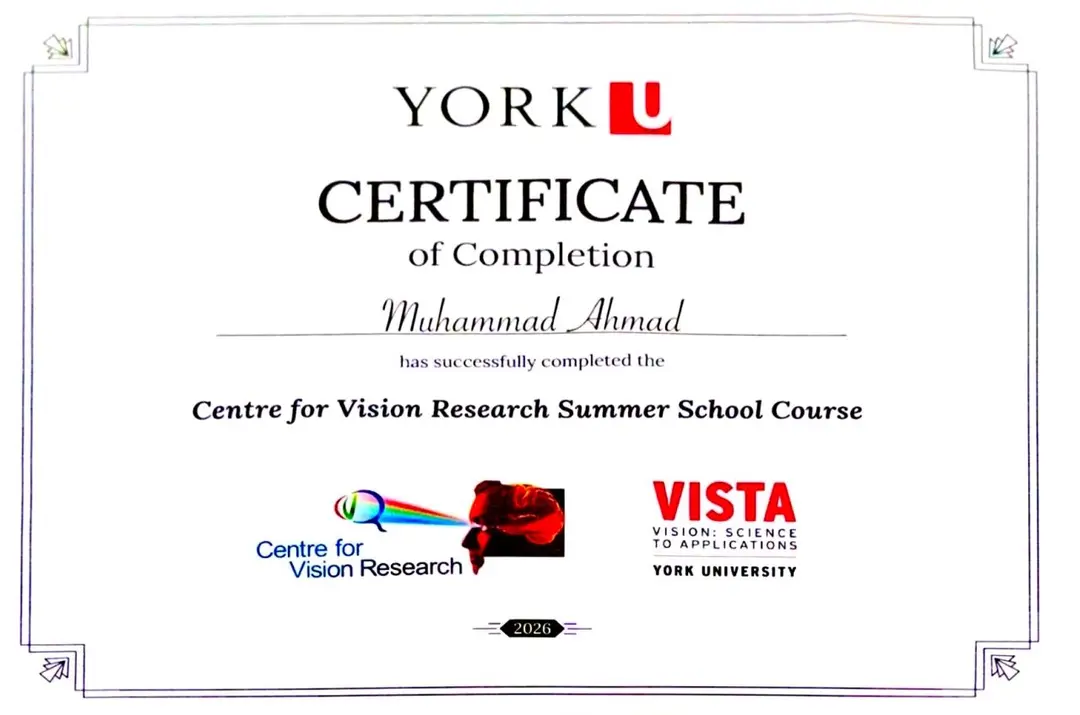 Certificate of completion for the Centre for Vision Research Summer School Course 2026 at York University