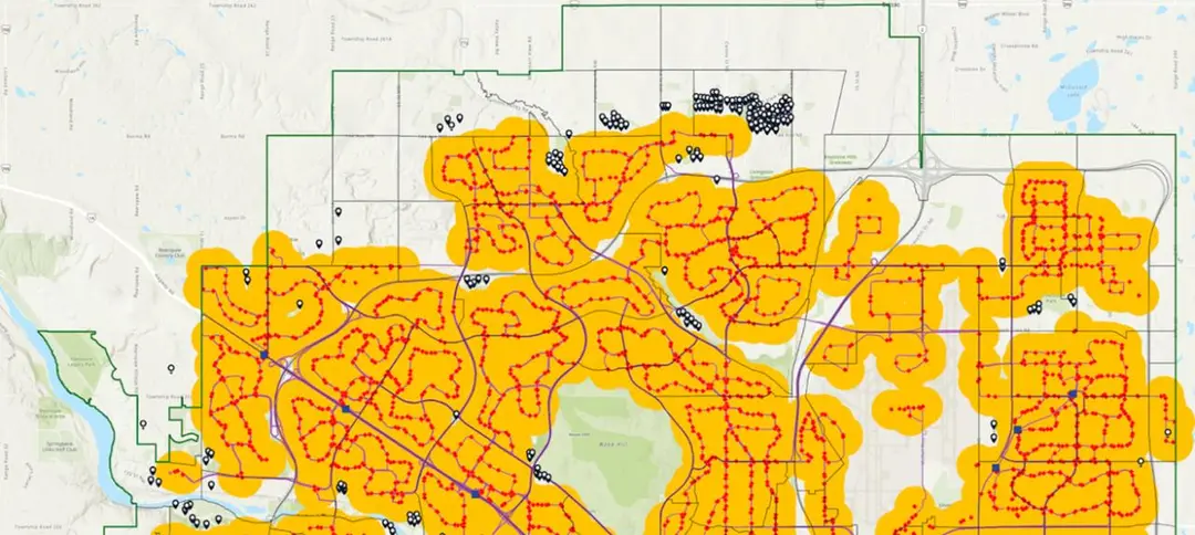 Map of Calgary showing transit stop coverage across communities