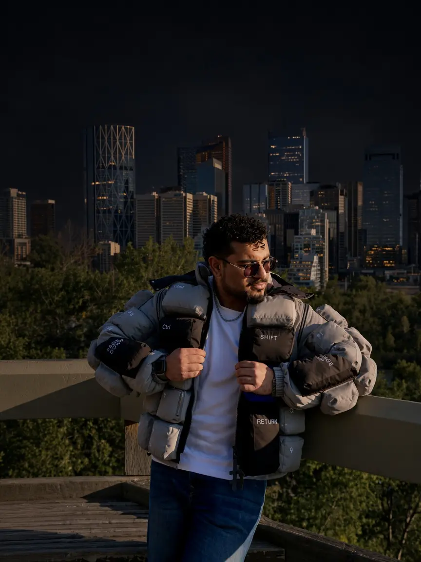 Editorial edit of Muhammad Ahmad leaning on a wooden railing in the open grey keyboard-key jacket, sunglasses on, looking aside, with the downtown Calgary skyline and summer trees behind.