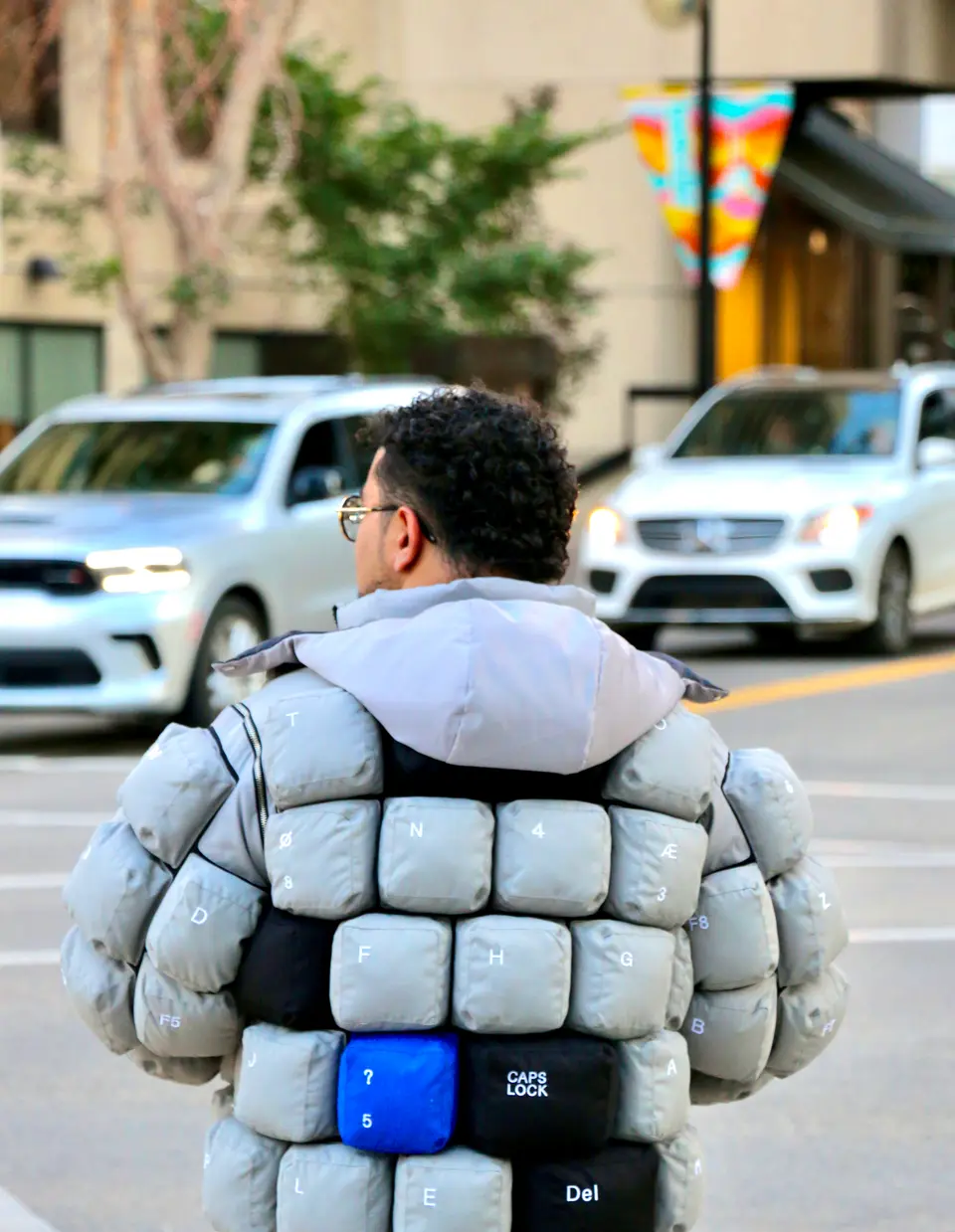 Back view of the keyboard jacket on a downtown Calgary street.
